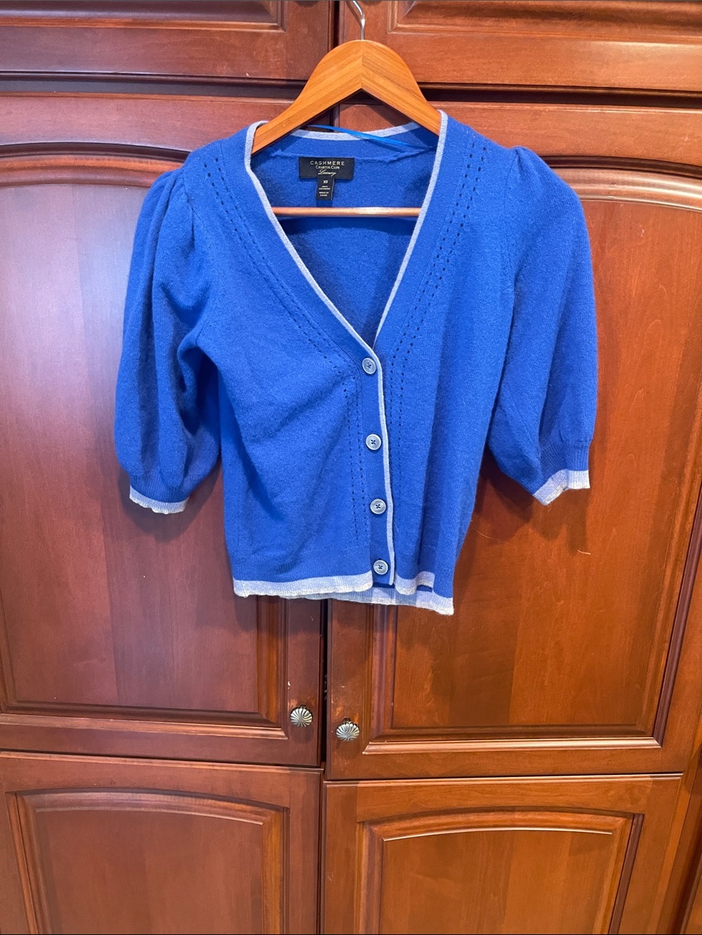 Charter Club Royal Blue Short-Sleeve Button Cardigan with White Trim